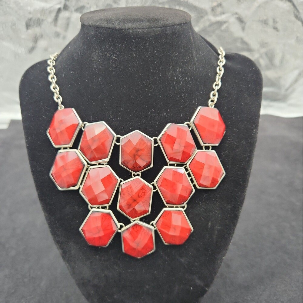 Necklace Chunky Red & Silver-Tone Geometric Panel Statement Jules B Signed VTG